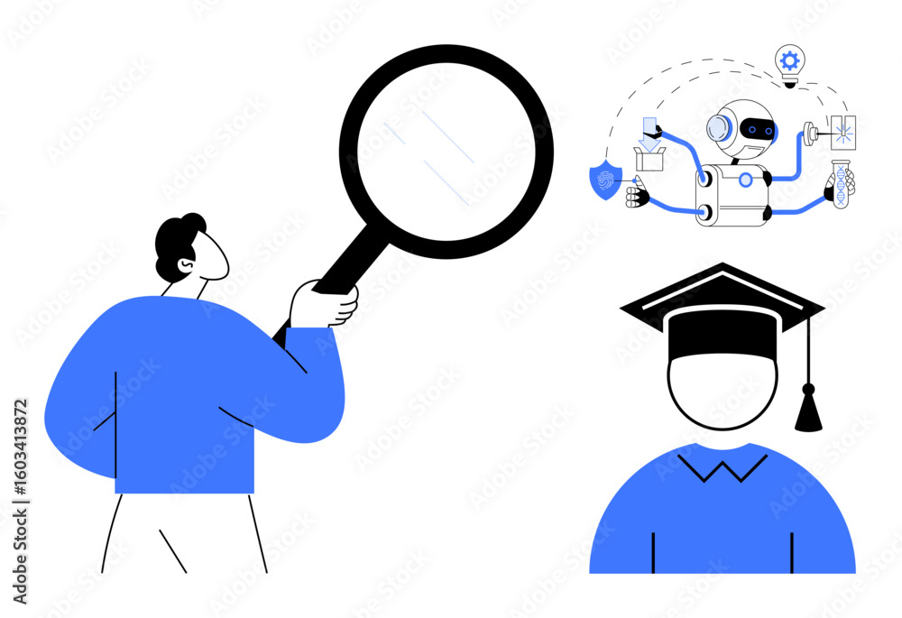 Poster man examining concepts of artificial intelligence and education through magnifying glass. robot inte