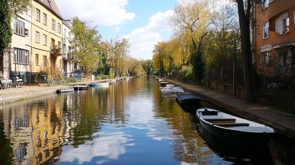 Fototapeta premium Canal scene with reflections, autumnal trees, and buildings