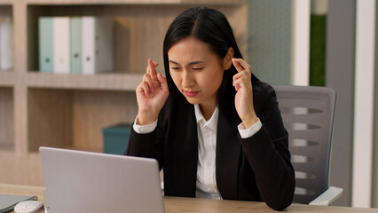 Worried Asian Korean business woman female worker entrepreneur Japanese Chinese nervous...