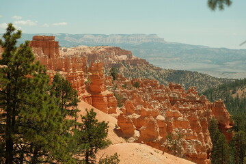 Giant rock spire and natural red rock hoodoos in Navajo Trail and combination loop at Bryce Canyon...