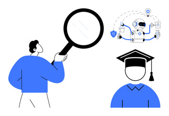Man examining concepts of artificial intelligence and education through magnifying glass. Robot interacting with technology and graduation cap imply AI in learning. Ideal for research, AI, education