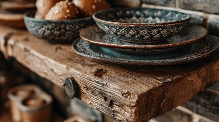Stacked artisanal pottery and rustic wooden shelf.