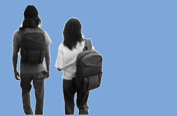 Rear view couple of students with backpack walking looking away pixelate color halftone dotted texture style collage element isolated on blue background