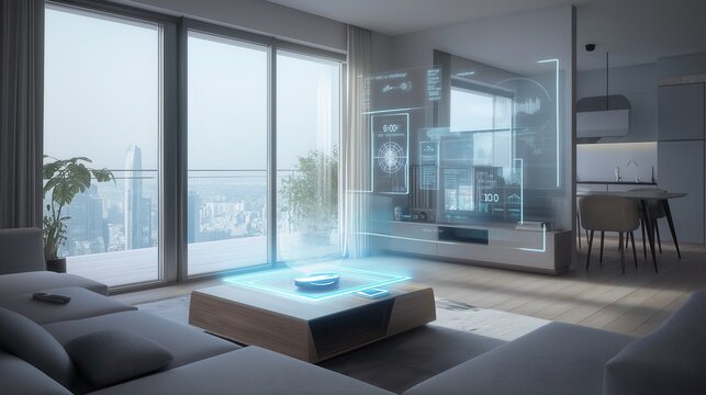 未来のマンションのリビングルームに浮かぶホログラフィックインターフェース | Holographic interface floating in a futuristic apartment living room
