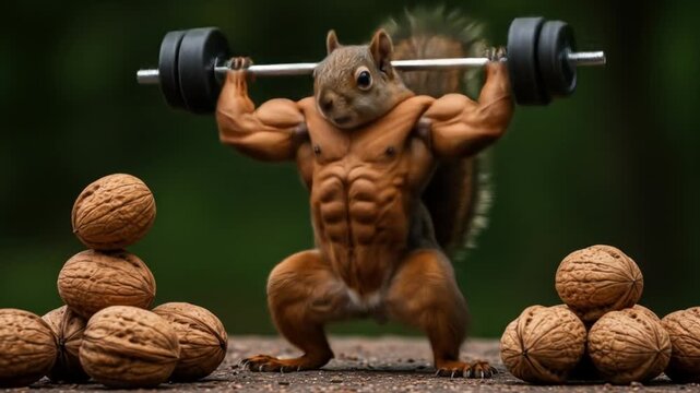 Weightlifting Squirrel: A humorous portrayal of a muscular squirrel engaged in weightlifting, complemented by nuts, showcasing the themes of strength, determination, and a playful approach to fitness