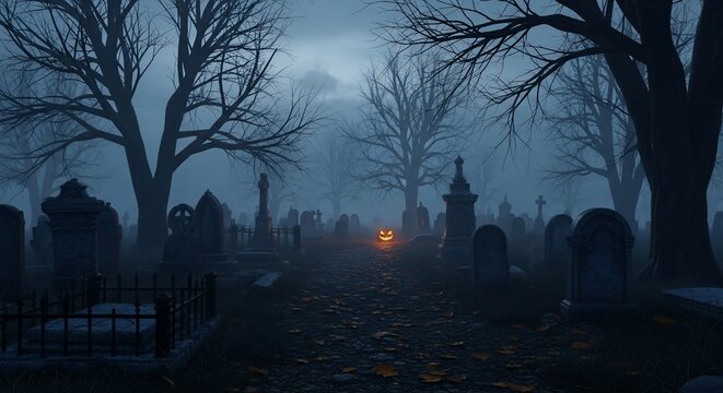 Halloween graveyard spooky cemetery pumpkin scary night dark halloween scene creepy october fog graves