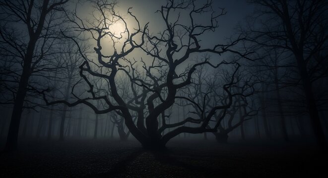 Dark forest spooky trees silhouette moonlight eerie night halloween woods gothic fantasy landscape scene