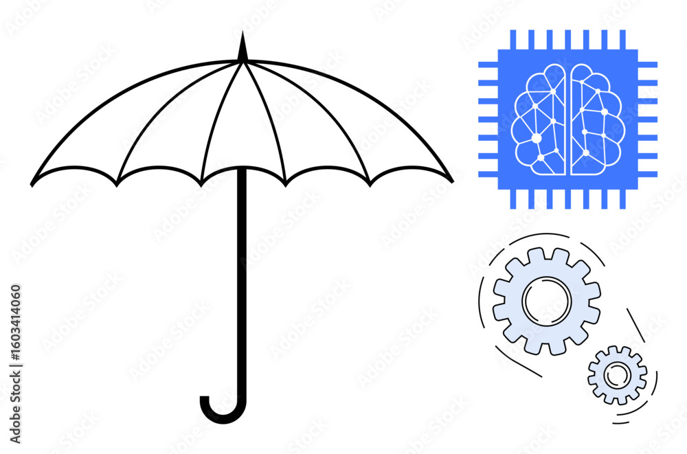 Poster black umbrella symbolizes security alongside a blue microchip with ai brain and interlocking gears. 