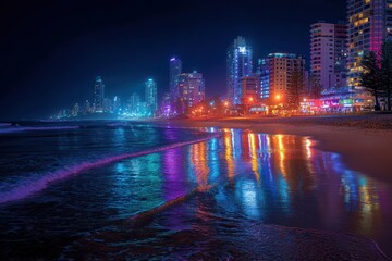 Obraz premium City Lights Reflect on Shore at Night, Suggesting Tourism, Vacation, Travel