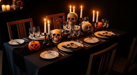Halloween table setting with skulls candles pumpkins and wine glasses for a spooky dinner party