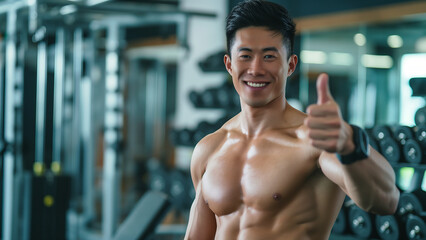 Fototapeta premium Asian male gym trainer or bodybuilder, smile and thumbs up, copy space