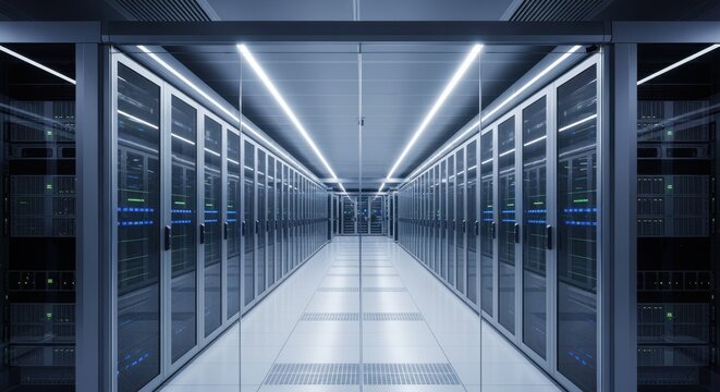 Wideangle shot of an empty hightech server room with cold aisle containment system.