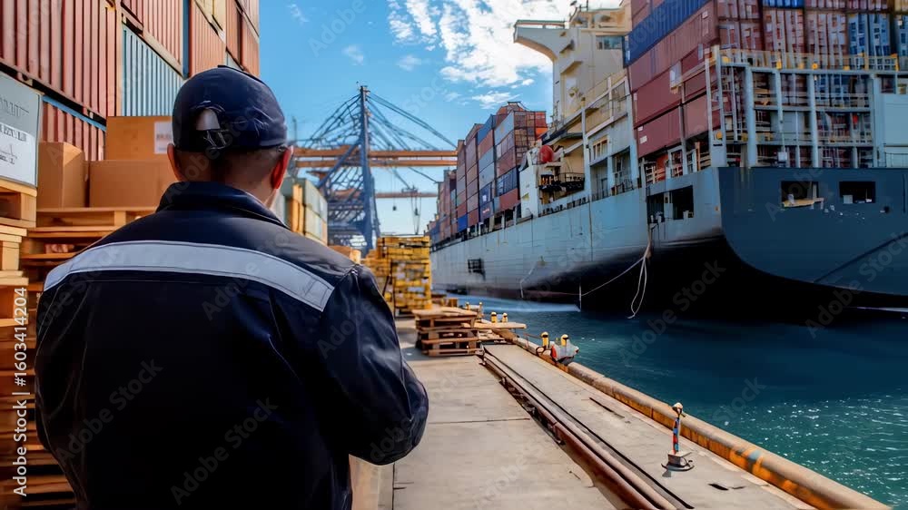 Poster a closeup scene of a customs officer using a handheld scanner to inspect a shipping container surrou