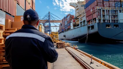 A closeup scene of a customs officer using a handheld scanner to inspect a shipping container surrounded by stacks of boxes and pallets with the ocean and a massive cargo ship visible - Powered by Adobe