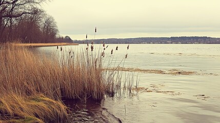 Tranquil lake shore with reeds in muted tones