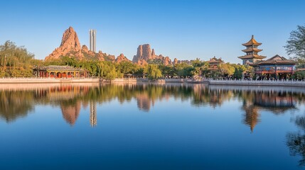 Naklejka premium Panoramic view of a tranquil park with a reflecting pool, ancient architecture, and rugged rock formations