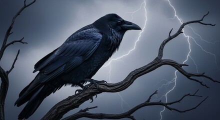 Black raven crow bird on branch in stormy weather with lightning strikes dark spooky halloween theme