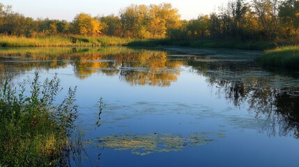 Obraz premium Calm autumnal river reflects trees (1)