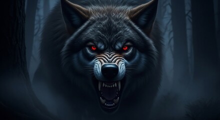 Angry wolf portrait red eyes dark forest predator canine animal wildlife dangerous beast teeth snarling rage