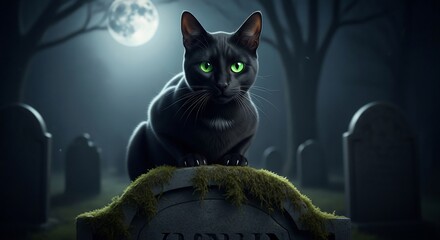 Black cat graveyard halloween spooky feline tombstone moonlight night dark creepy green eyes scene