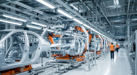 Wide shot of innovative car production facility featuring automated conveyor systems.