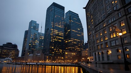 City skyline at twilight, illuminated skyscrapers reflected in water