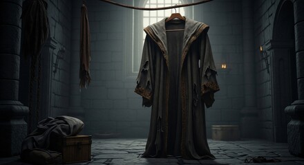 Old robe hanging in dungeon, wizard cloak, medieval garment, fantasy apparel, dark ages clothing, vintage coat