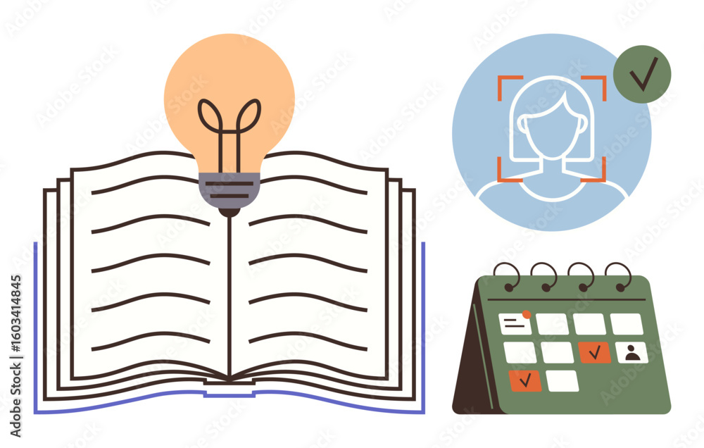 Poster open book with bright lightbulb, face recognition scan with check mark, and calendar with highlighte