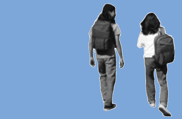 Rear view couple of students with backpack walking pixelate color halftone dotted texture style collage element isolated on blue background