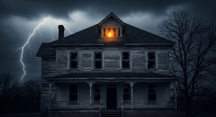 Haunted house spooky mansion creepy building abandoned home dark storm lightning scary night eerie scene