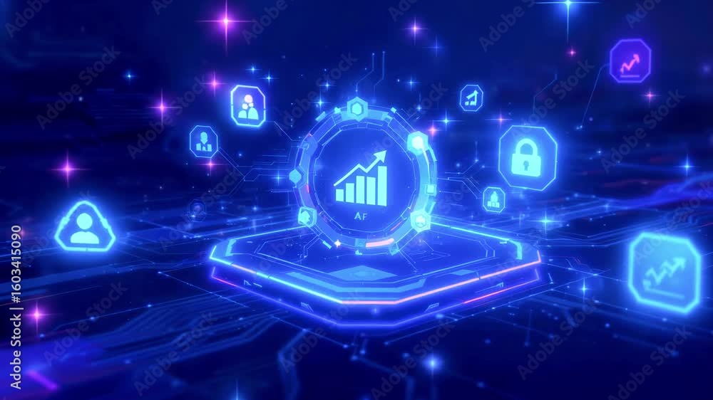 Aufkleber futuristic digital interface showcasing growth metrics and security icons in a vibrant tech environm