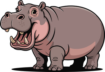 Fototapeta premium Cartoon illustration of a happy hippo with its mouth wide open depicting nature and wildlife
