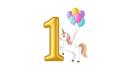 A golden number one, a unicorn, and balloons, in a celebratory design