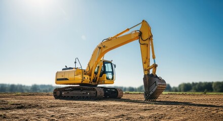Yellow excavator parked on cleared land under bright blue sky