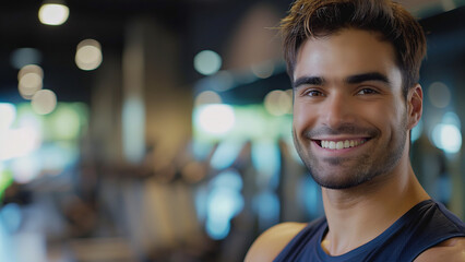 White male gym trainer or bodybuilder, smiling, copy space