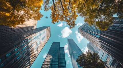 Urban skyscrapers rise above foliage, looking up at a clear blue sky