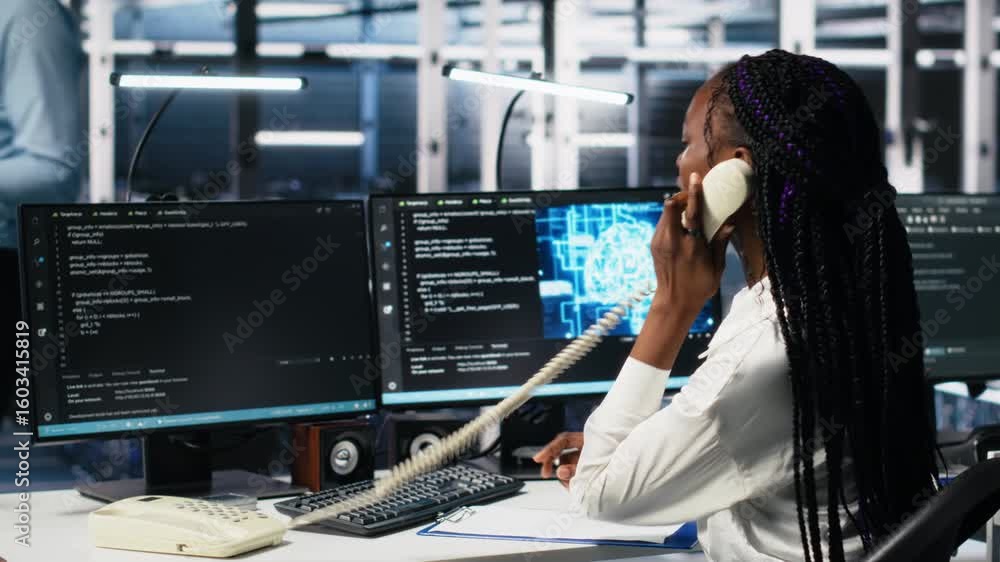 Poster data center admin receiving phone call, using ai assistant to provide user technical support. server