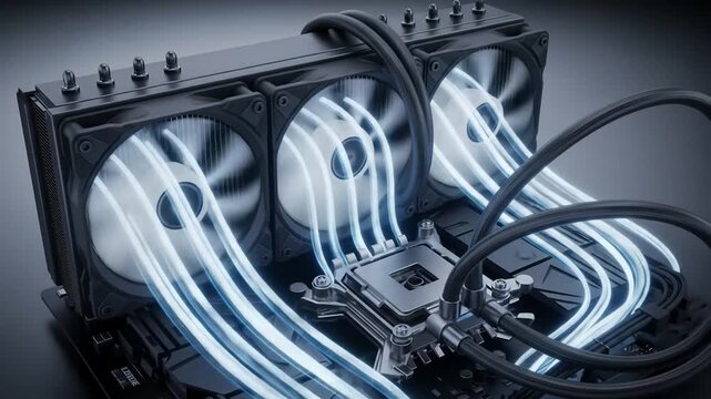 High-detail animation of processor cooling system in motion, airflow visualization, no clutter