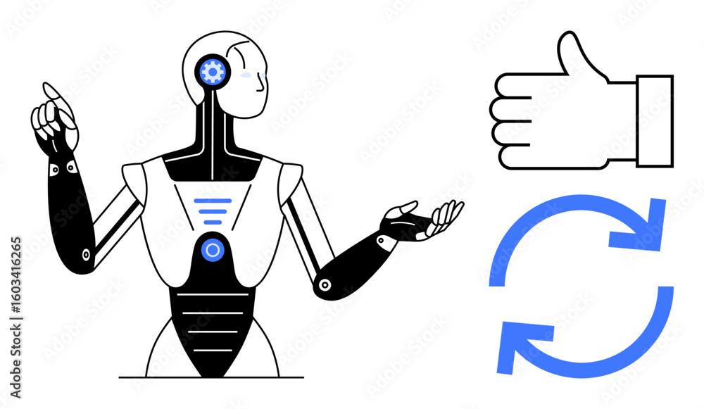Poster robot gesturing with a confident expression, surrounded by thumbs-up and sync icons. ideal for artif