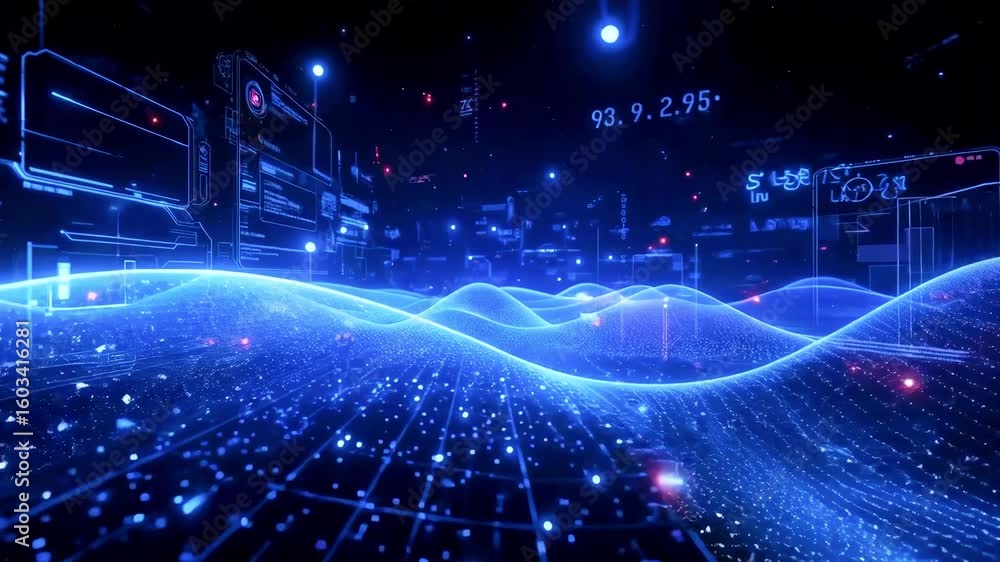 Poster futuristic digital landscape showcasing flowing data waves and high-tech interfaces in a cybernetic 