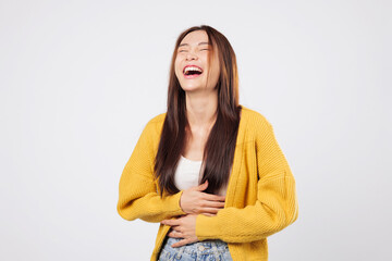 World Laughter Day. Laugh full of life laugh with peace a young woman shows happiness in a natural...