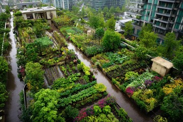 Urban garden rooftop farming grows edibles, blooms; cityscape blurs in background