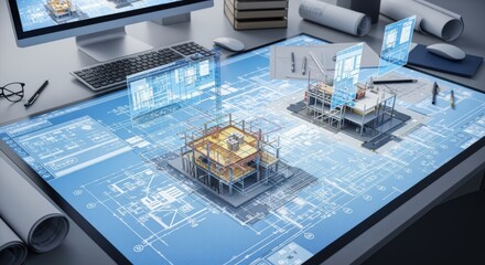 Engineering workspace with large format blueprint blending into interactive 3D construction simulation.