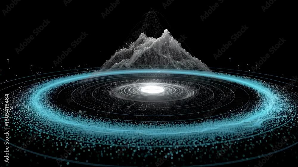 Poster complex network of interconnected points forming a futuristic galaxy simulation rotating around a br