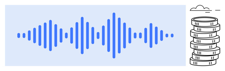 Fototapeta premium Blue audio wave symbol next to stack of coins under a small cloud. Ideal for sound monetization, podcast economy, digital assets, royalties, tech innovation, online payment, flat simple metaphor