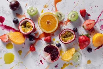 Colorful Fruit Platter Splash on Marble. Food blogging & healthy living concept