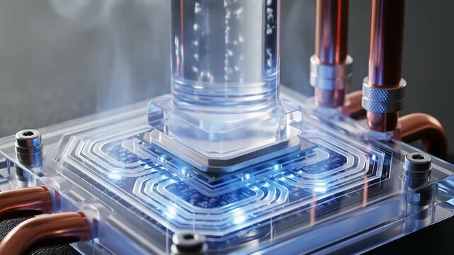 Clean visual of liquid-cooled processor in action, steam effect, zero clutter