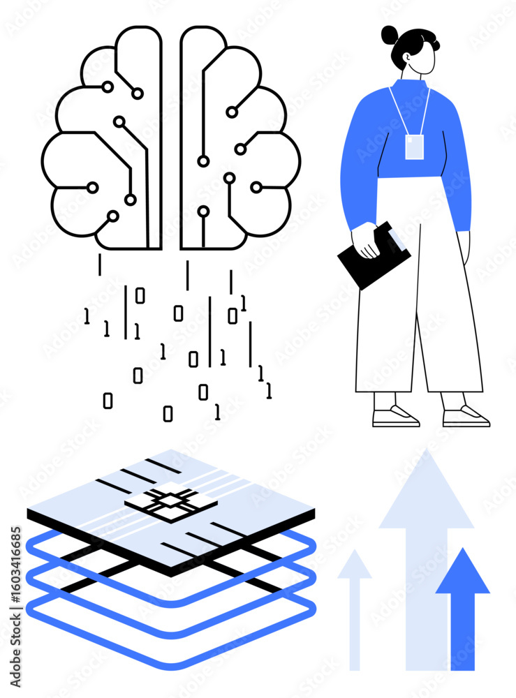 Poster brain with binary code, layered data structures, upward arrows, and person holding clipboard. ideal 