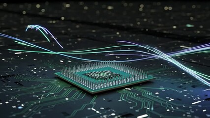 Looping background with static CPU chip and slow moving light trails - Powered by Adobe
