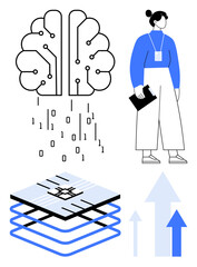 Brain with binary code, layered data structures, upward arrows, and person holding clipboard. Ideal for AI, teamwork, data analysis, innovation technology research growth concepts. Simple flat